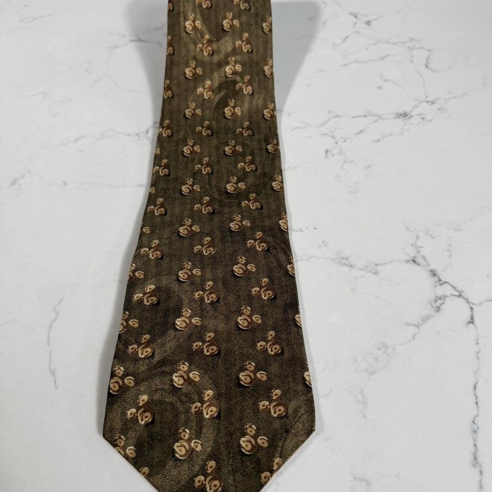 Vintage Disney Store Mickey Mouse 100% Silk Necktie Brown Gold Geometric Tie